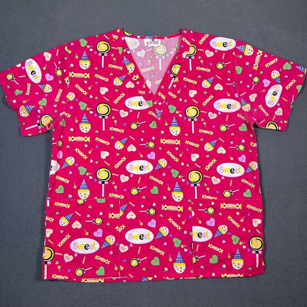 Expo Uniform Scrub Top Womens XL Pink Candy Lollipop Ice Cream V-Neck Pockets